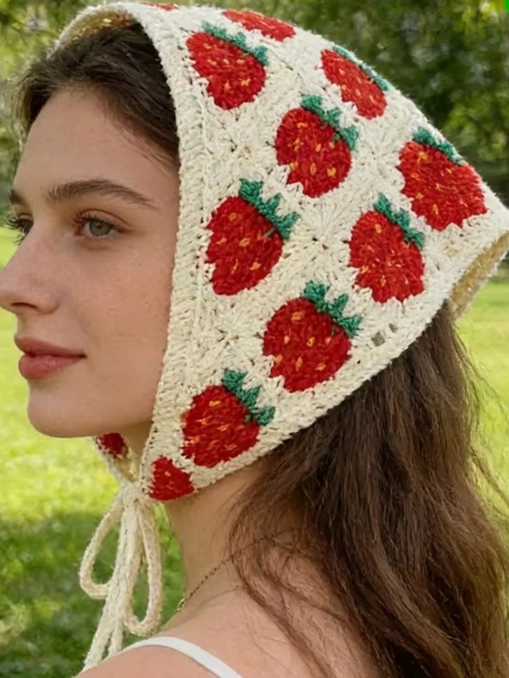 NWT Boho Crochet Strawberry Headscarf - Red, Cream, Green